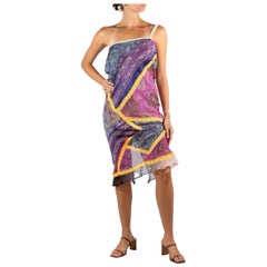 1990S Voyage Purple Multicolored Silk Lace A Symmetrical  Dress