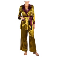 Vintage 1990S Olive Green & Purple Rayon Blend Satin Lounge Ensemble
