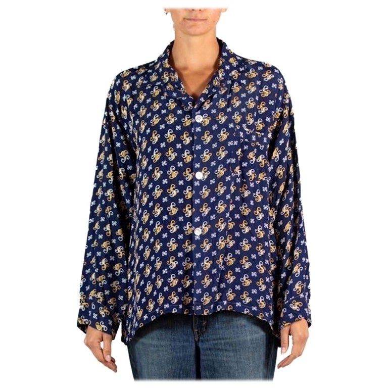 1940S Navy Blue & Yellow Cold Rayon Button Down Men's Shirt For Sale