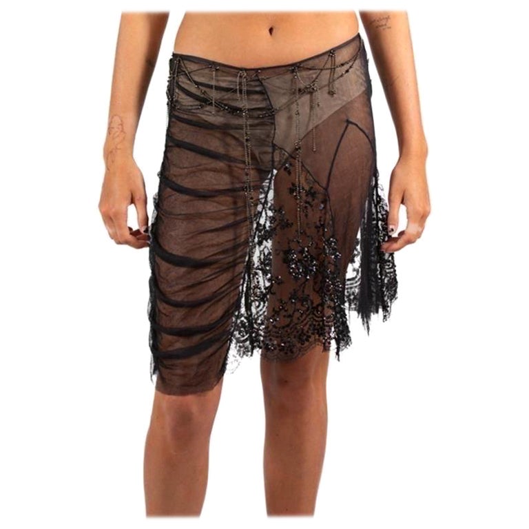 1990S Black Beaded Silk Skirt For Sale