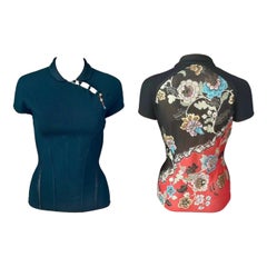 Roberto Cavalli S/S 2003 Chinoiserie Cheongsam Collar Tie Cap Sleeve Blouse Top