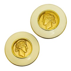 MONET signed gold Roman coin enamel designer clip on earrings