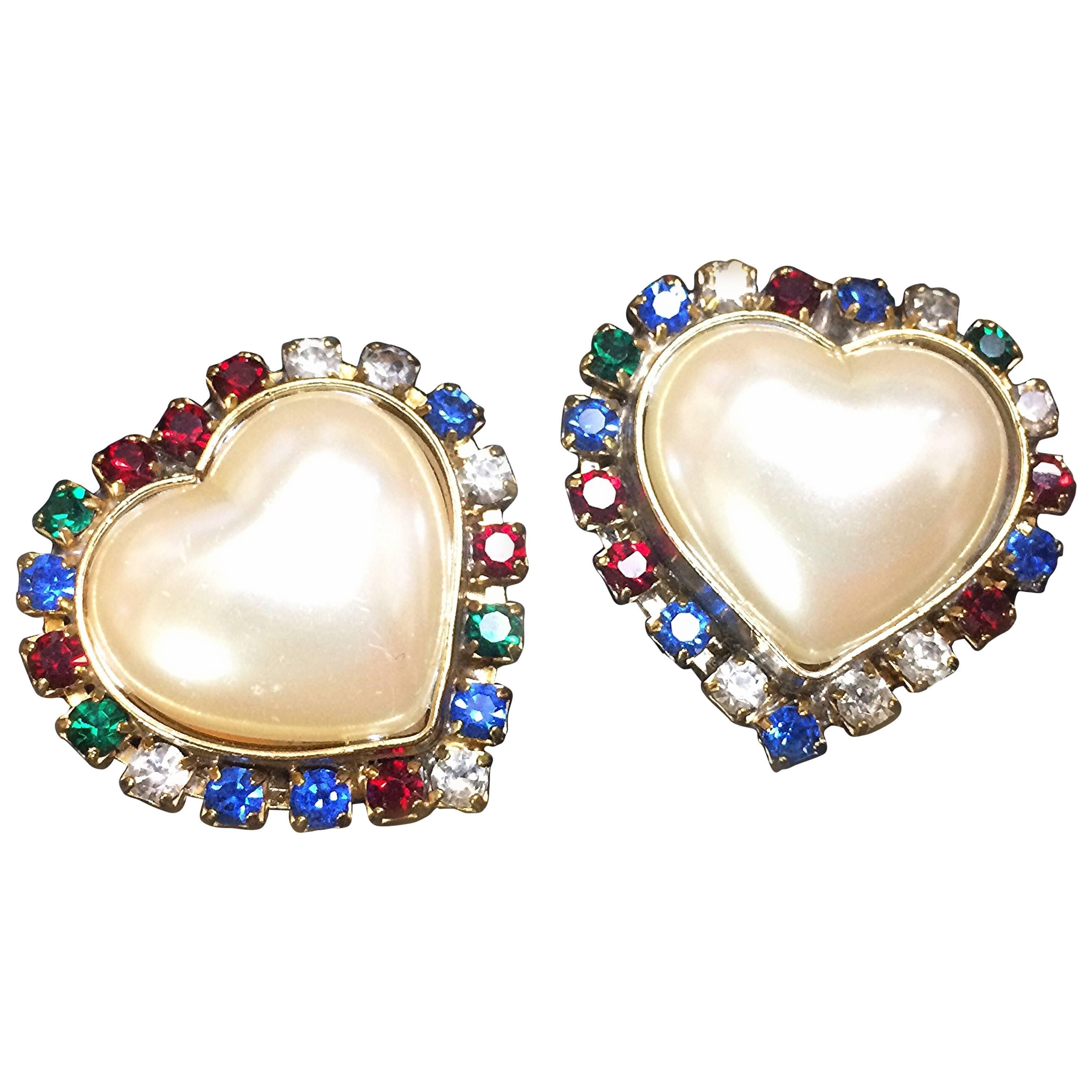 Vintage ESCADA faux pearl heart earrings with red, clear, blue, & green crystals For Sale
