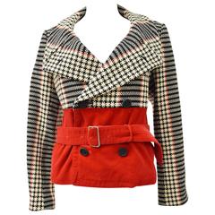 Comme Des Garcons Red Velvet and Check Belted Jacket 