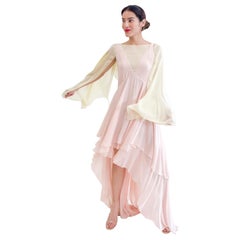 Roberto Cavalli Vestido de talle alto drapeado en gasa rosa pastel y amarillo con alas de ángel