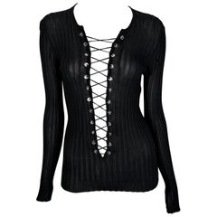 2000s Dolce & Gabbana Plunging Lace-Up Sheer Ribbed Black Long Sleeve Top