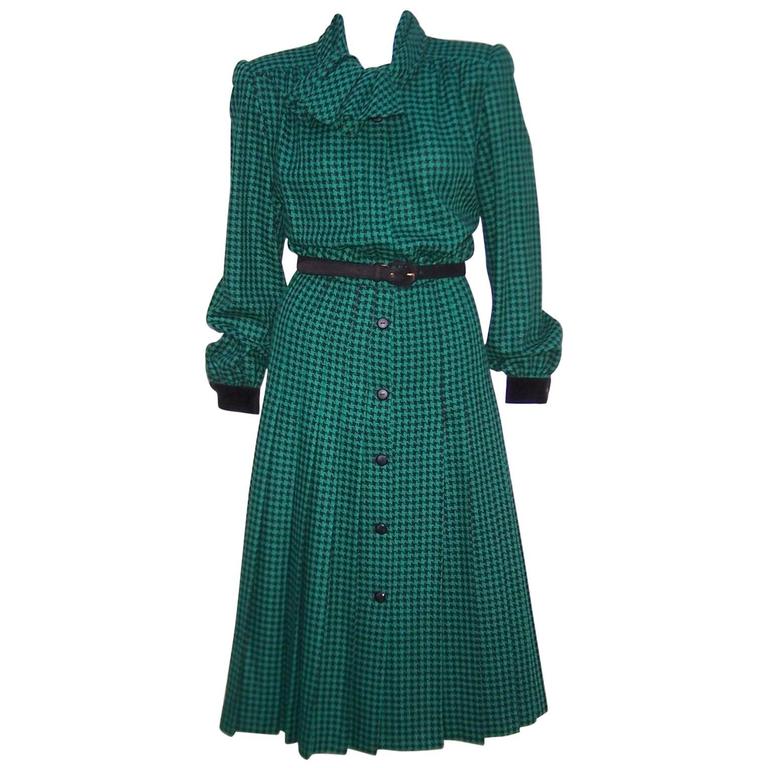 1980's Valentino 'Miss V' Black and Green Houndstooth Wool Dress at 1stDibs
