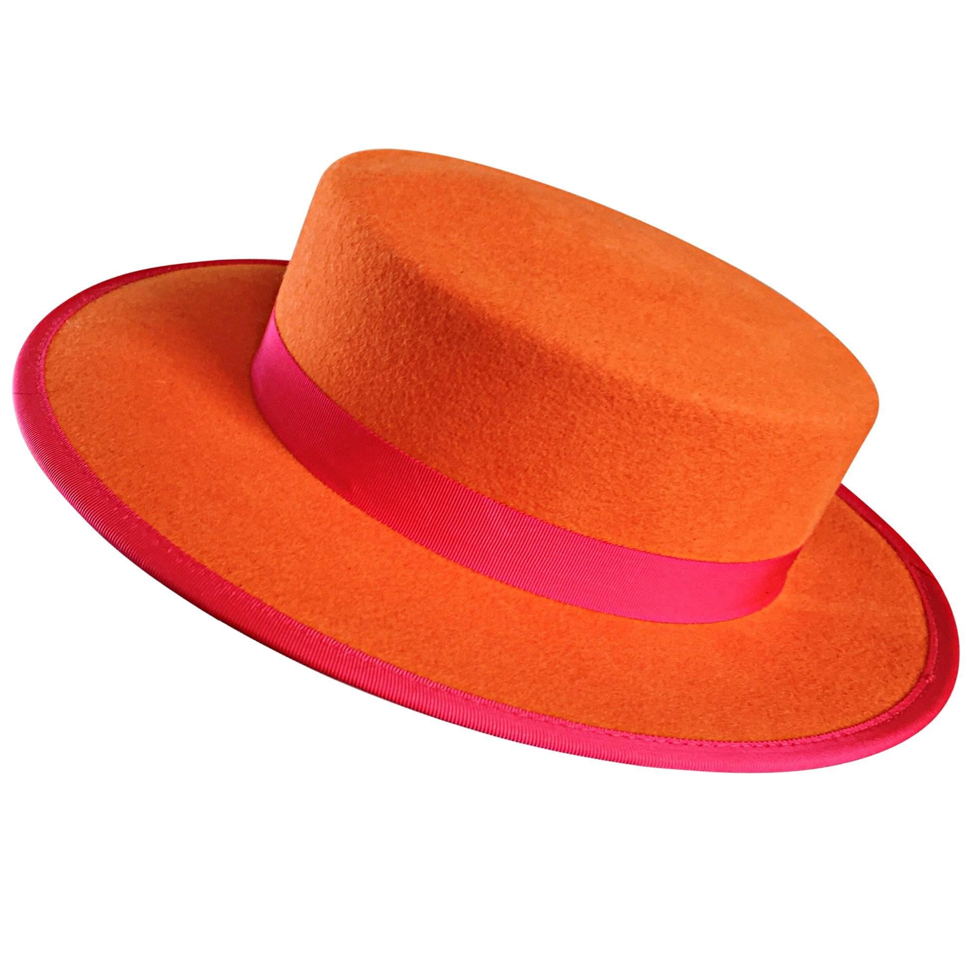1960s Tina Too Bollman Neon Orange + Hot Pink Wool Doeskin Felt Vintage 60s Hat