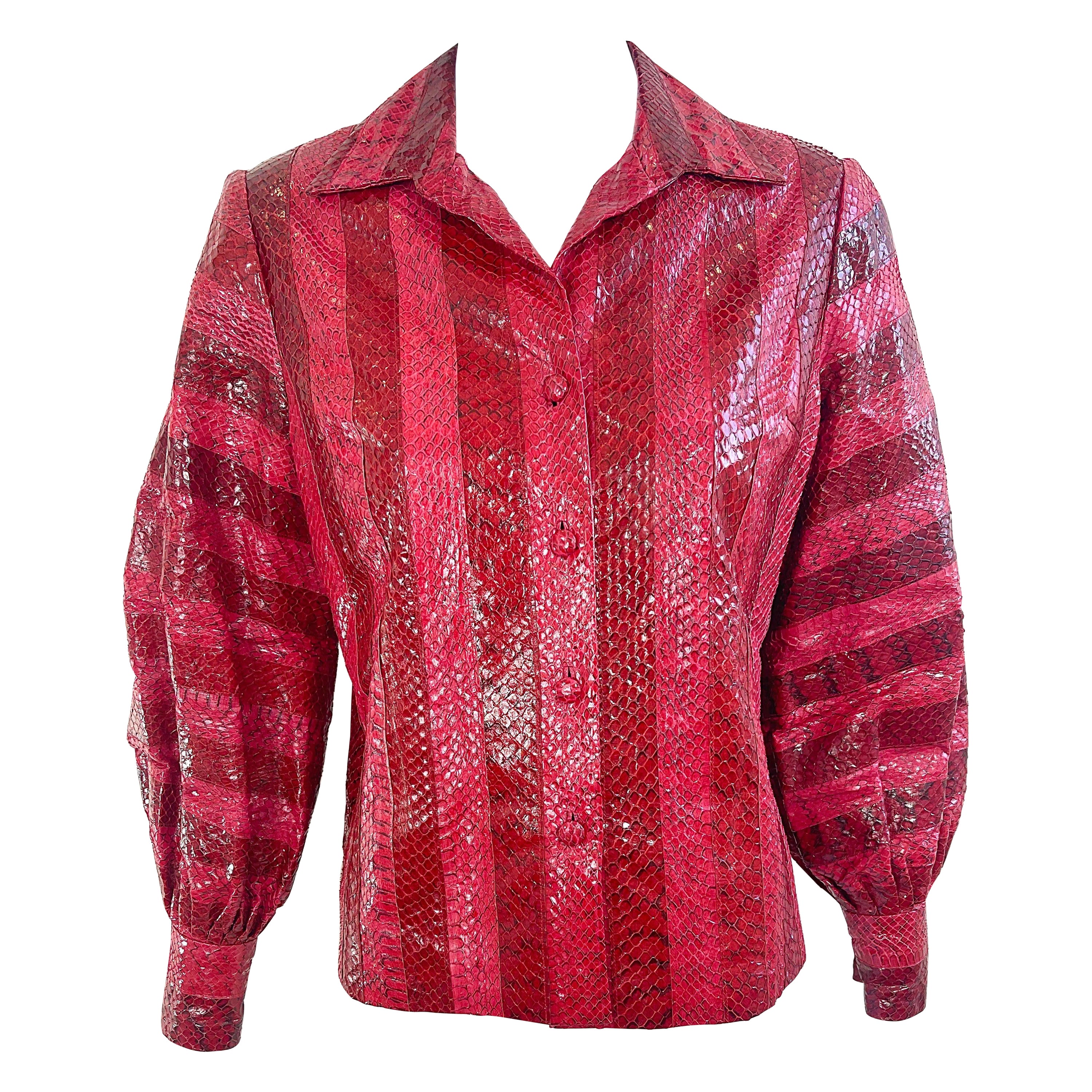 1970s Vincent & Harmik Red Snakeskin Python Vintage 70s Shirt Jacket Blouse Top For Sale