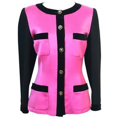 1980s Chanel Pink and Black Satin/Boucle Jacket with Signature Clover Buttons 9