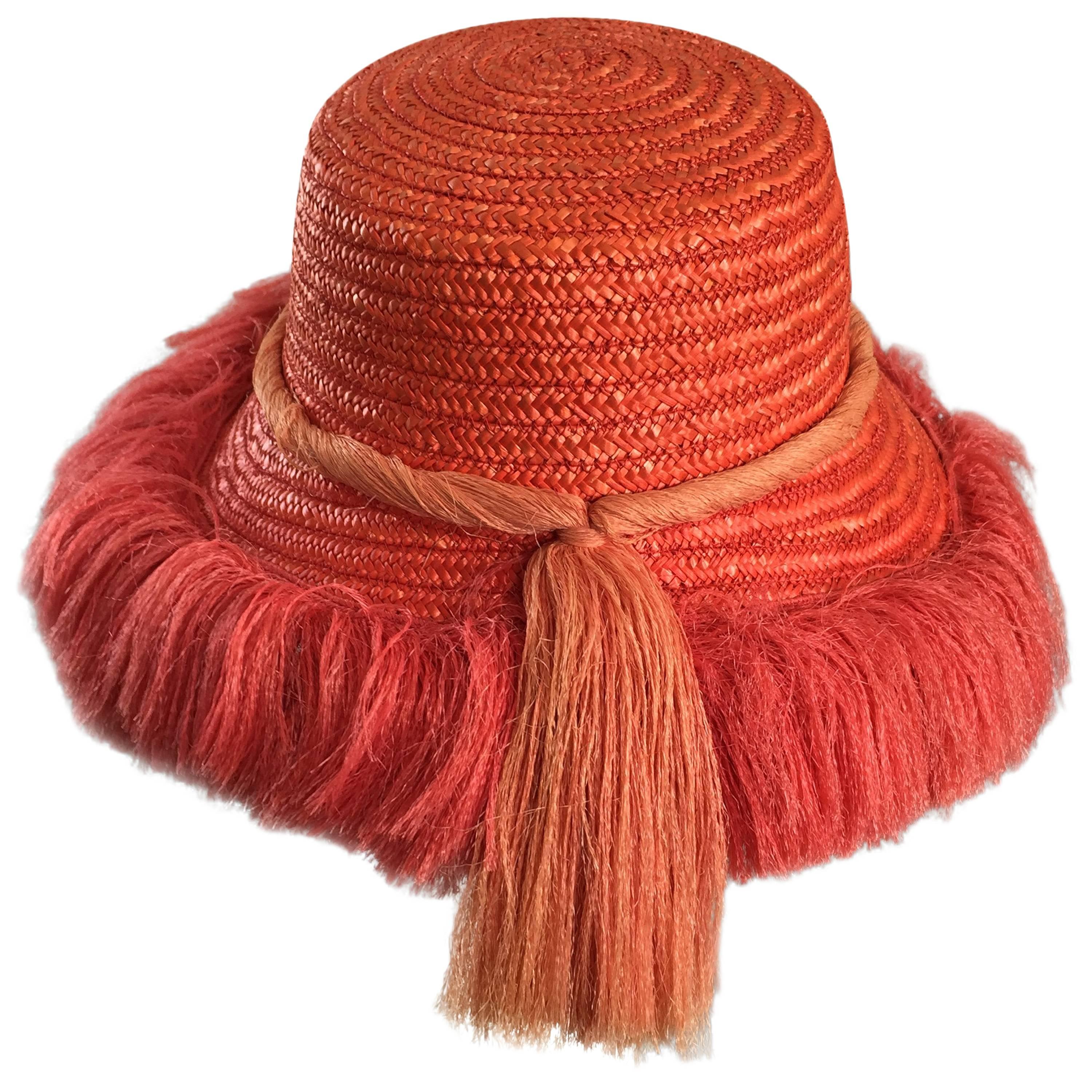 1960s Rare Italian Coral Orange and Pink Vintage Raffia Straw Fringe 60s Sun Hat