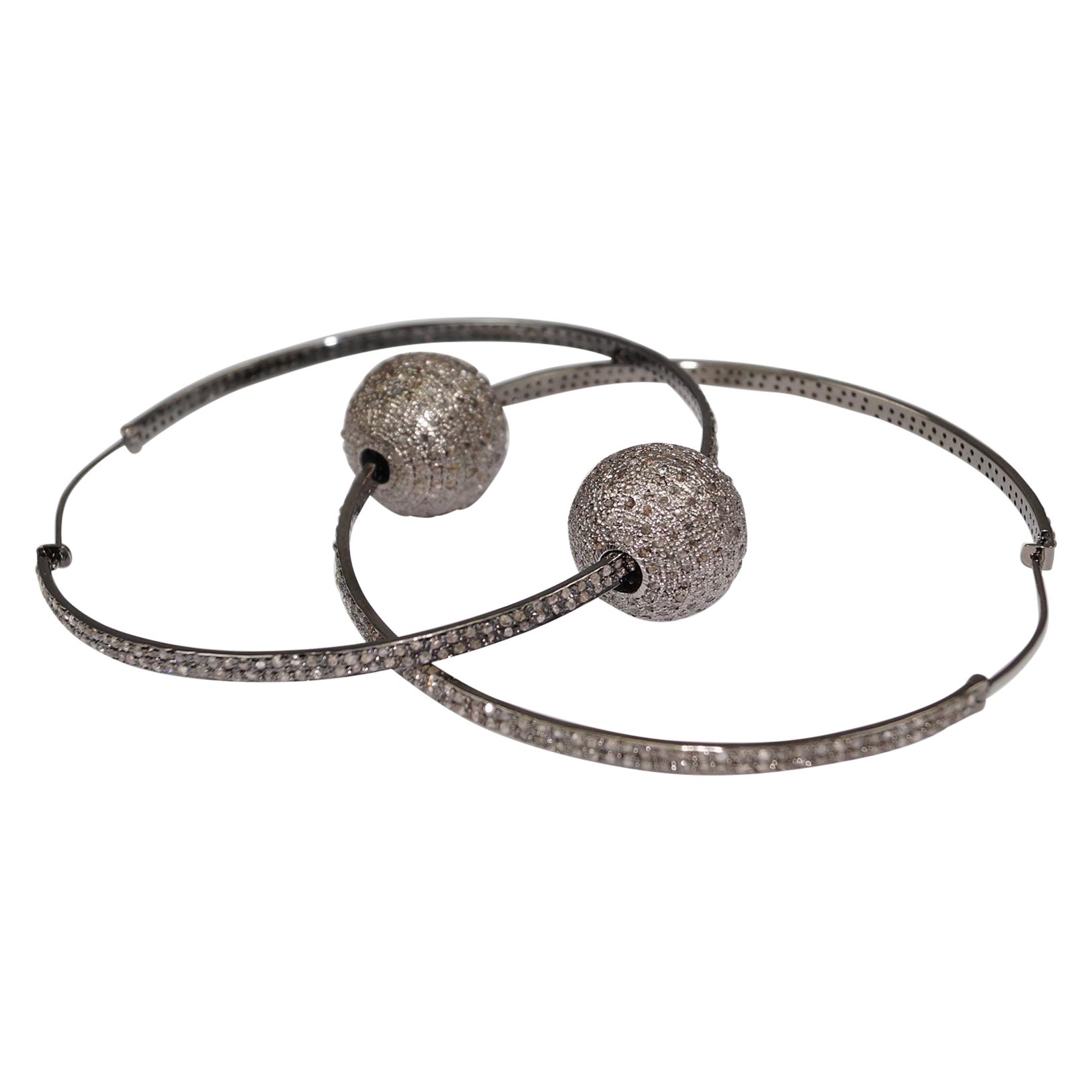 3"inches large pave diamonds bead ball oxidized sterling silver hoops earrings For Sale