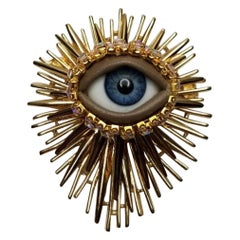 Vintage Art Glass Evil Eye Crystal Golden Mid Century Modern Statement Brooch