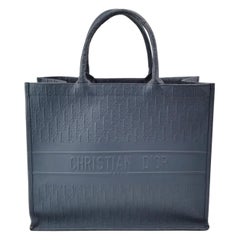 Christian Dior Book Tote Large Blue Calfskin Leather Oblique Embossed Handbag