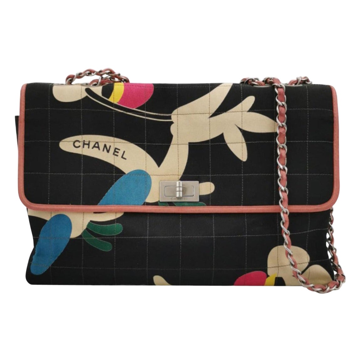 Chanel 2.55 Flap Bag Vintage Chocolate Bar Multipocket 2000 Blk Fabric w/ Print