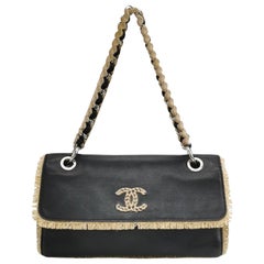Chanel Classic Flap Chain Shoulder Bag Large Black Leather and Straw