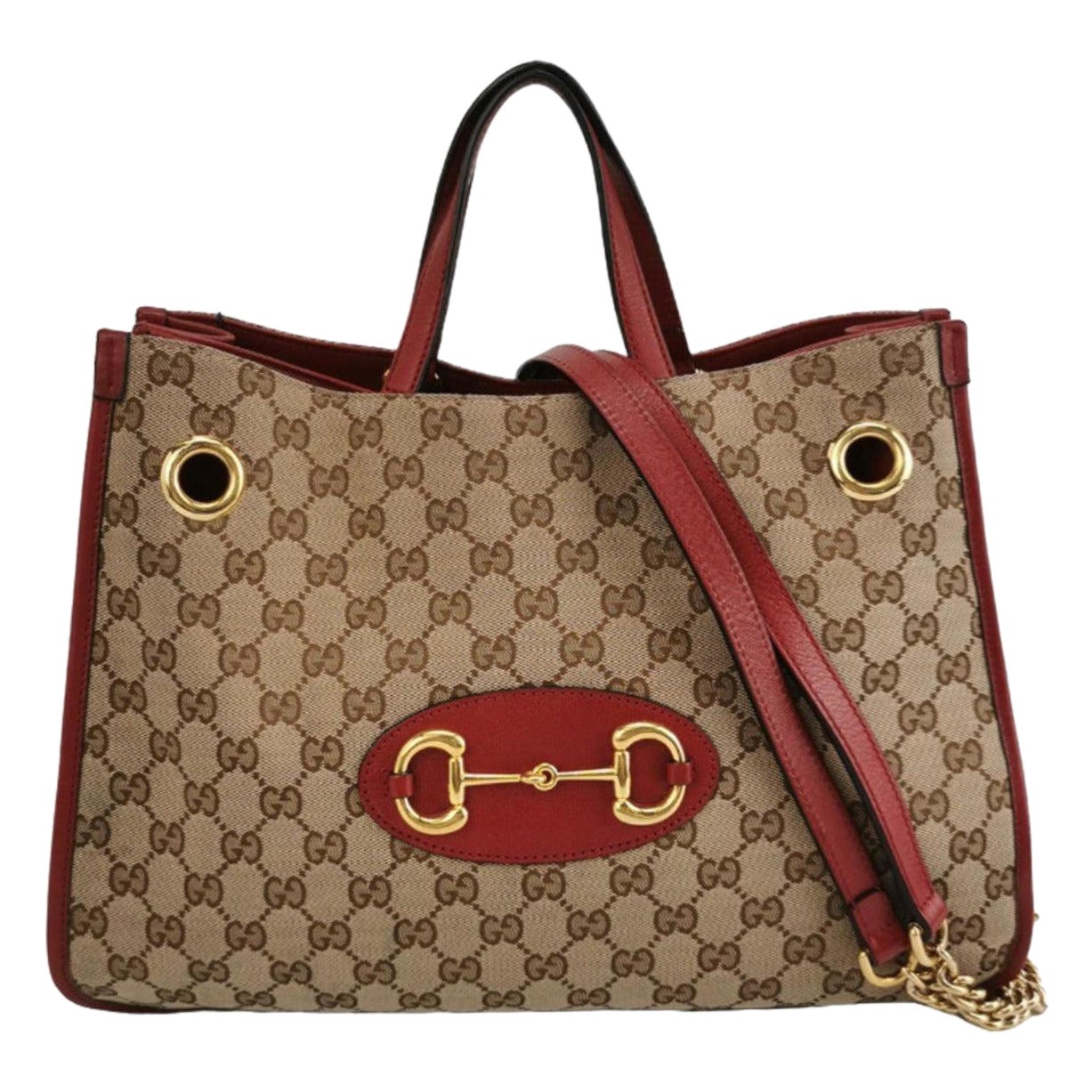 Gucci 1955 Horsebit Chain Tote Red Leather and Monogram Canvas For Sale