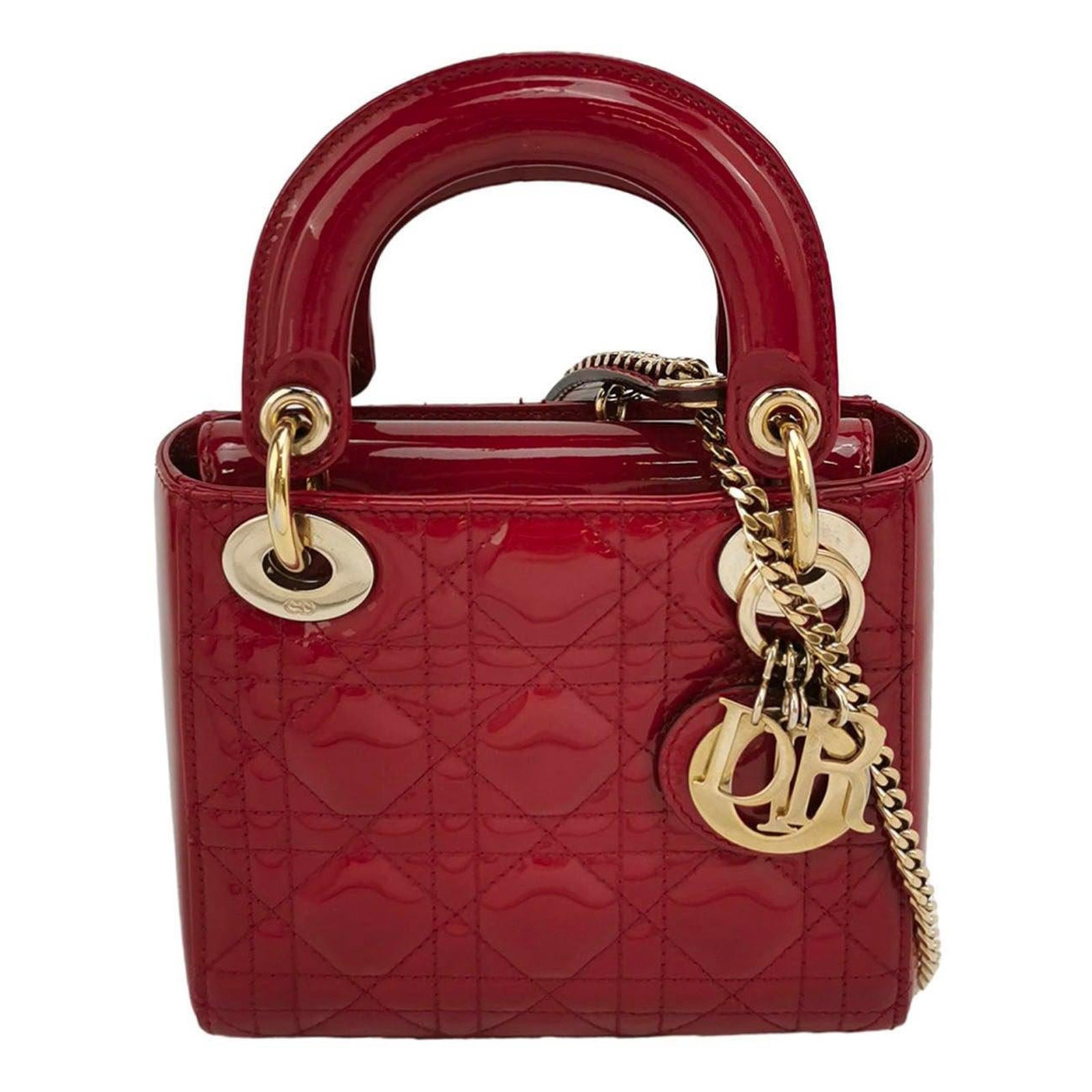 Lady Dior Mini Handbag Red Patent Leather Gold-tone Leather and Chain Strap For Sale