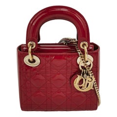 Lady Dior Mini Handbag Red Patent Leather Gold-tone Leather and Chain Strap