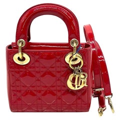 Lady Dior Patent Leather Red Mini handbag with gold hardware