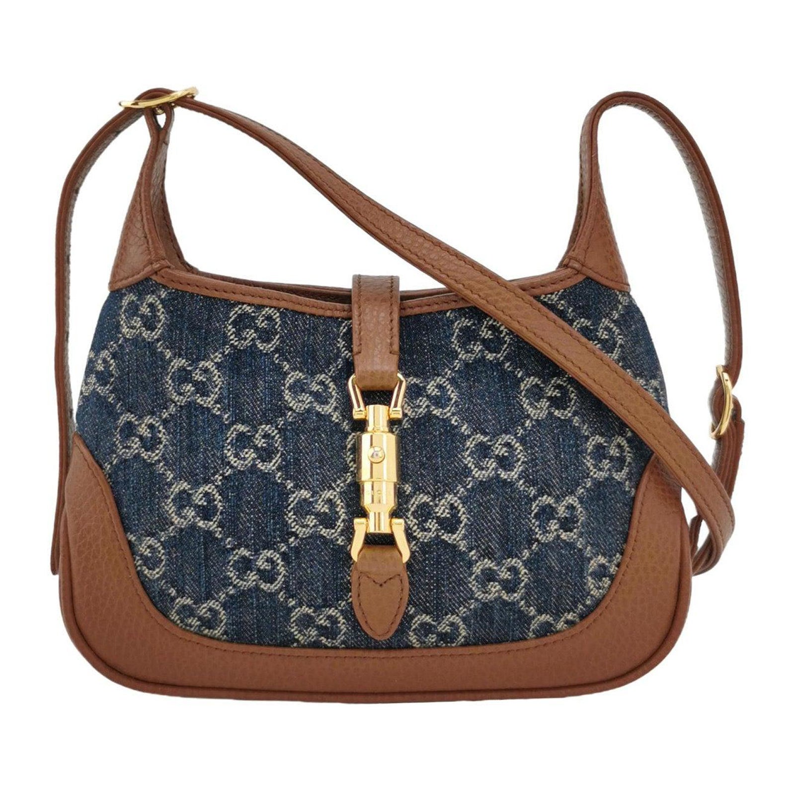 Gucci Jackie 1961 Mini Handbag in Blue Monogram Denim and Brown Leather For Sale