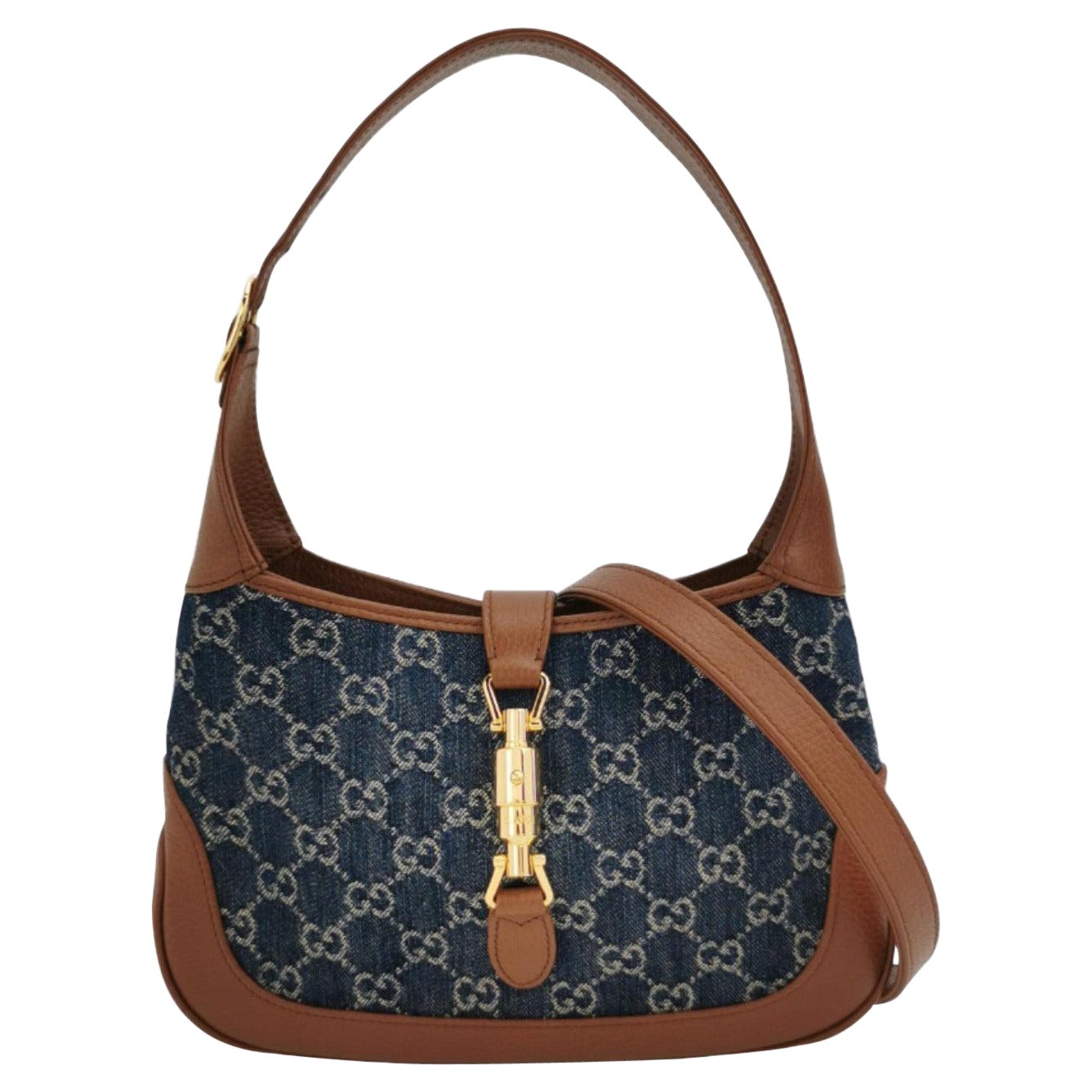 Gucci Jackie 1961 Small Handbag in Blue Monogram Denim and Brown Leather For Sale