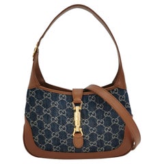 Gucci Jackie 1961 Small Handbag in Blue Monogram Denim and Brown Leather