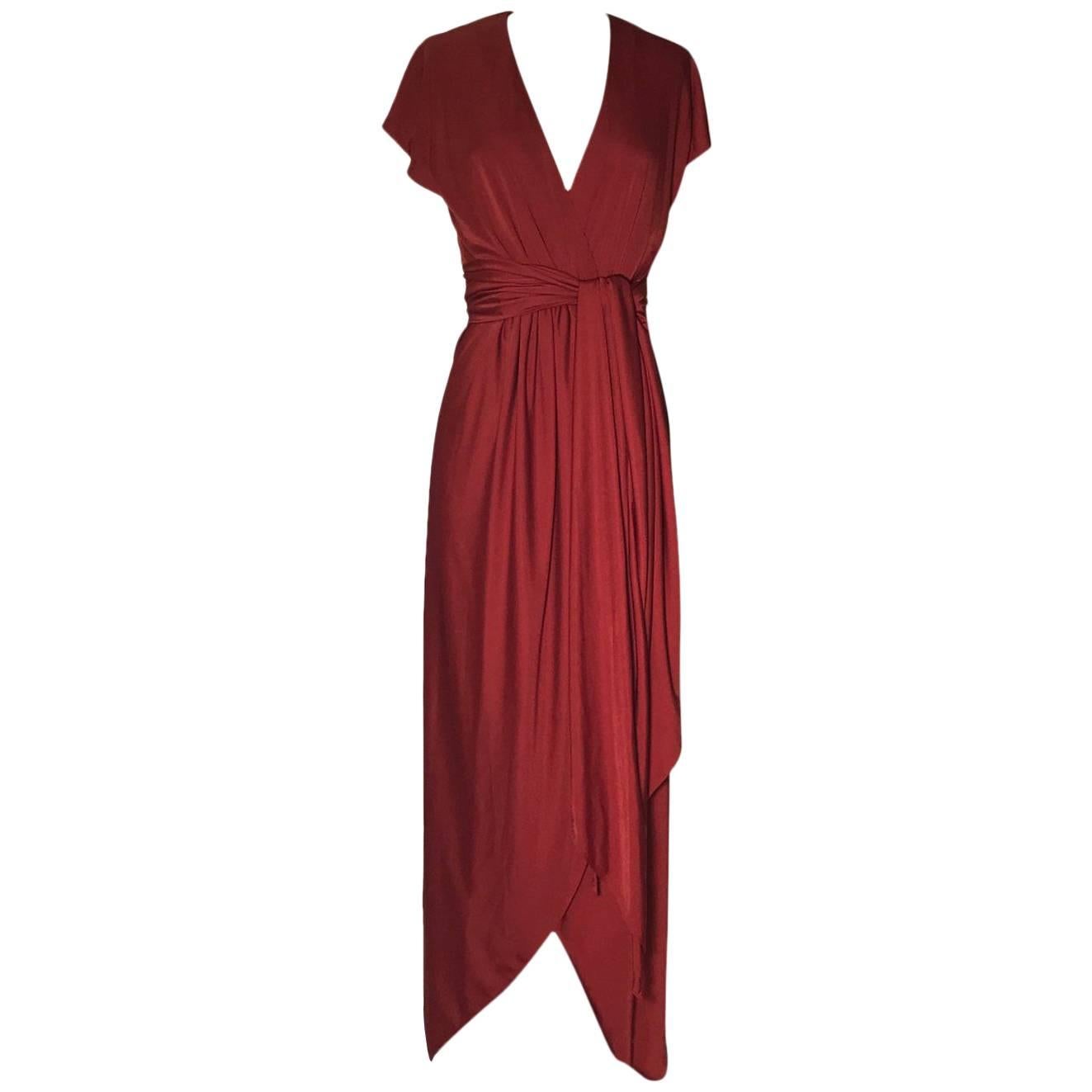 Halston IV 1980s Vintage Rust Red Jersey Belted Wrap Dress