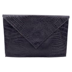 Fendi Vintage Black Embossed Portfolio Envelope Clutch Bag with Chain