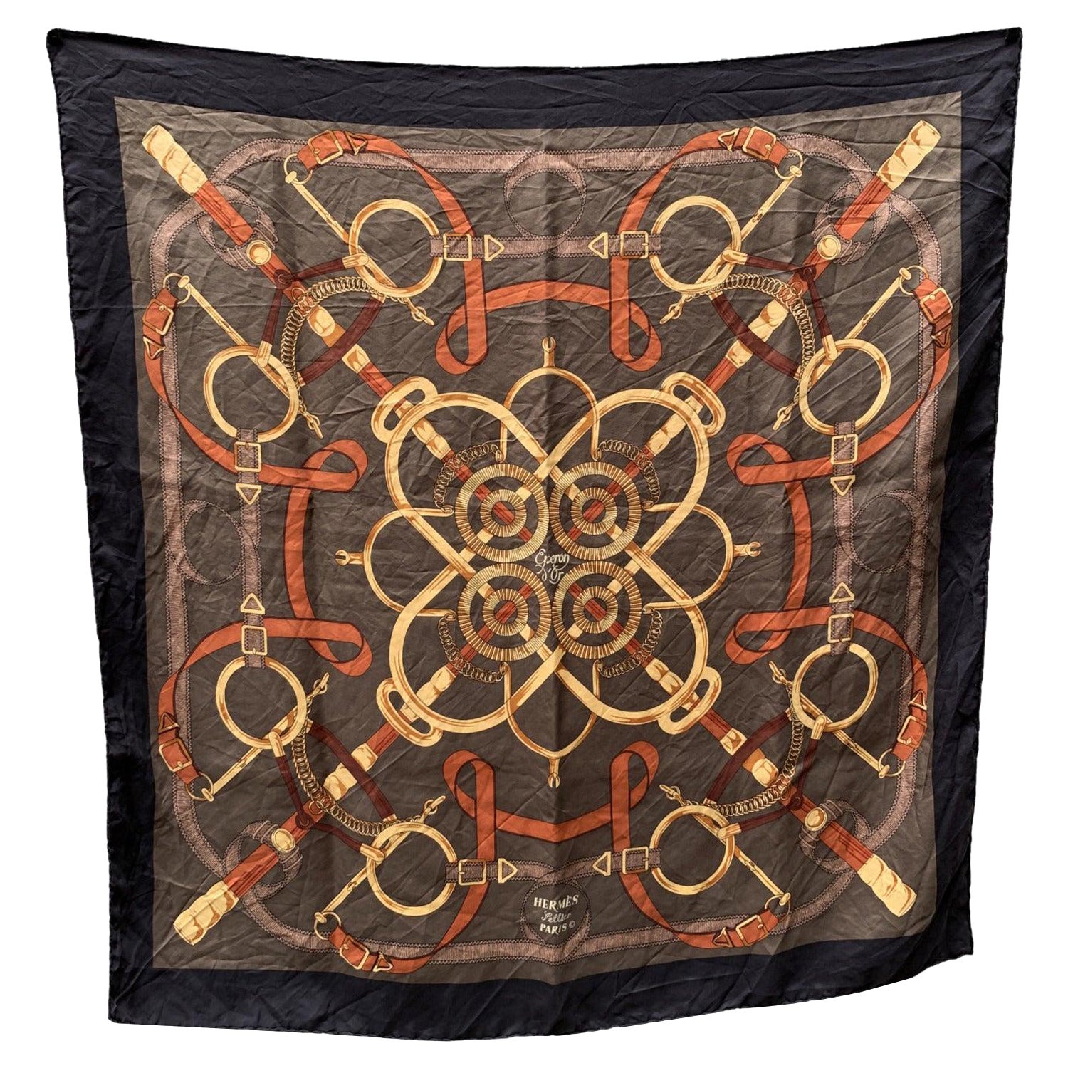Hermes Vintage Silk Scarf Eperon D'Or 1974 Henry D'Origny Black