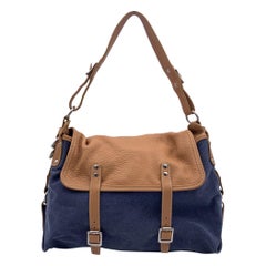 Hogan Blue Denim and Beige Leather Flap Shoulder Bag Tote