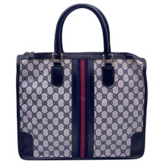 Gucci Vintage Blue Monogram Canvas Satchel Bag with Stripes