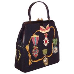 Vintage Fabulous 1950's Trompe L'oeil Needlepoint & Black Leather Handbag