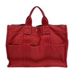 Hermes Paris Vintage Red Canvas Cotton Fourre Tout MM Bag Tote