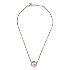 Christian Dior Gold Metal Dior Oval Logo Crystal Pendant Necklace