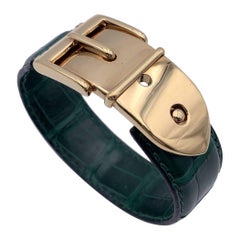 Gucci Bracelet manchette jonc vintage en cuir vert avec boucle en or