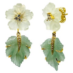 Hand Carved Serpentine Flower and Aventurine Leaf Drop Earrings