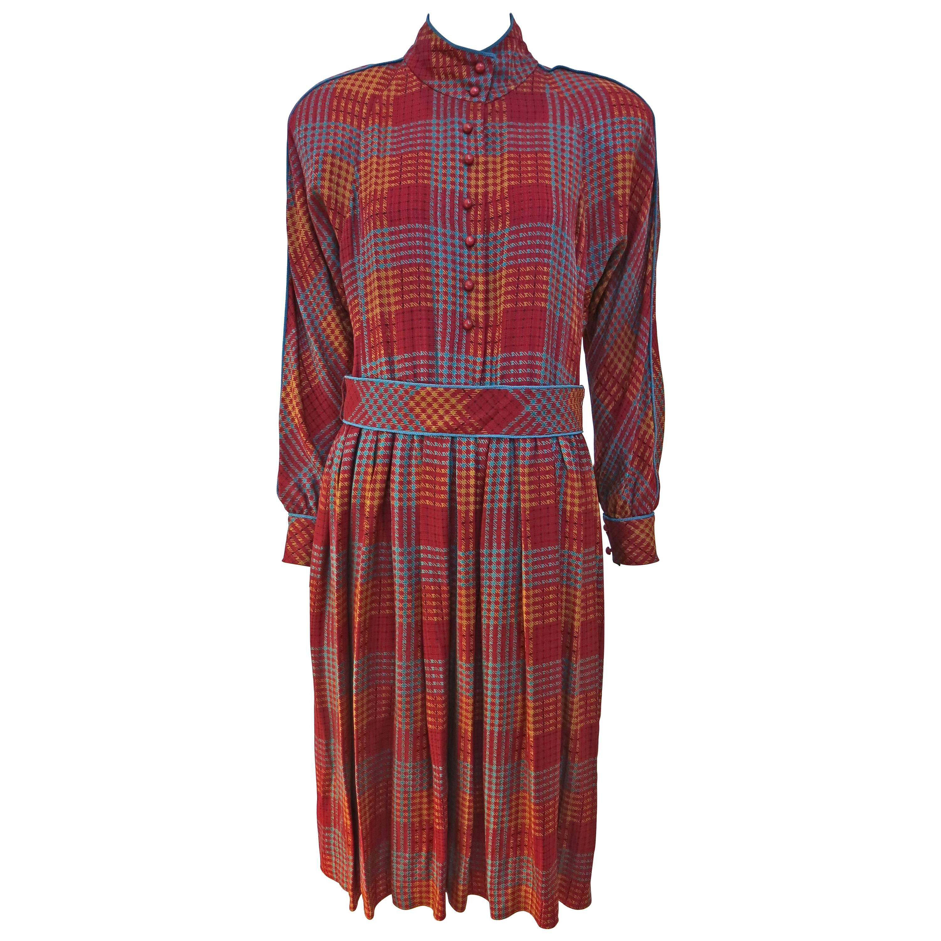 late 1970's Guy Laroche Belted Fall Houndstooth Silk Dress