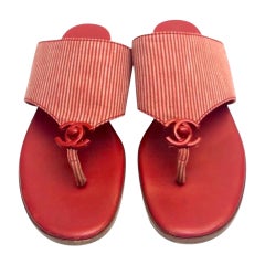 Chanel red and white stripe canvas sandals