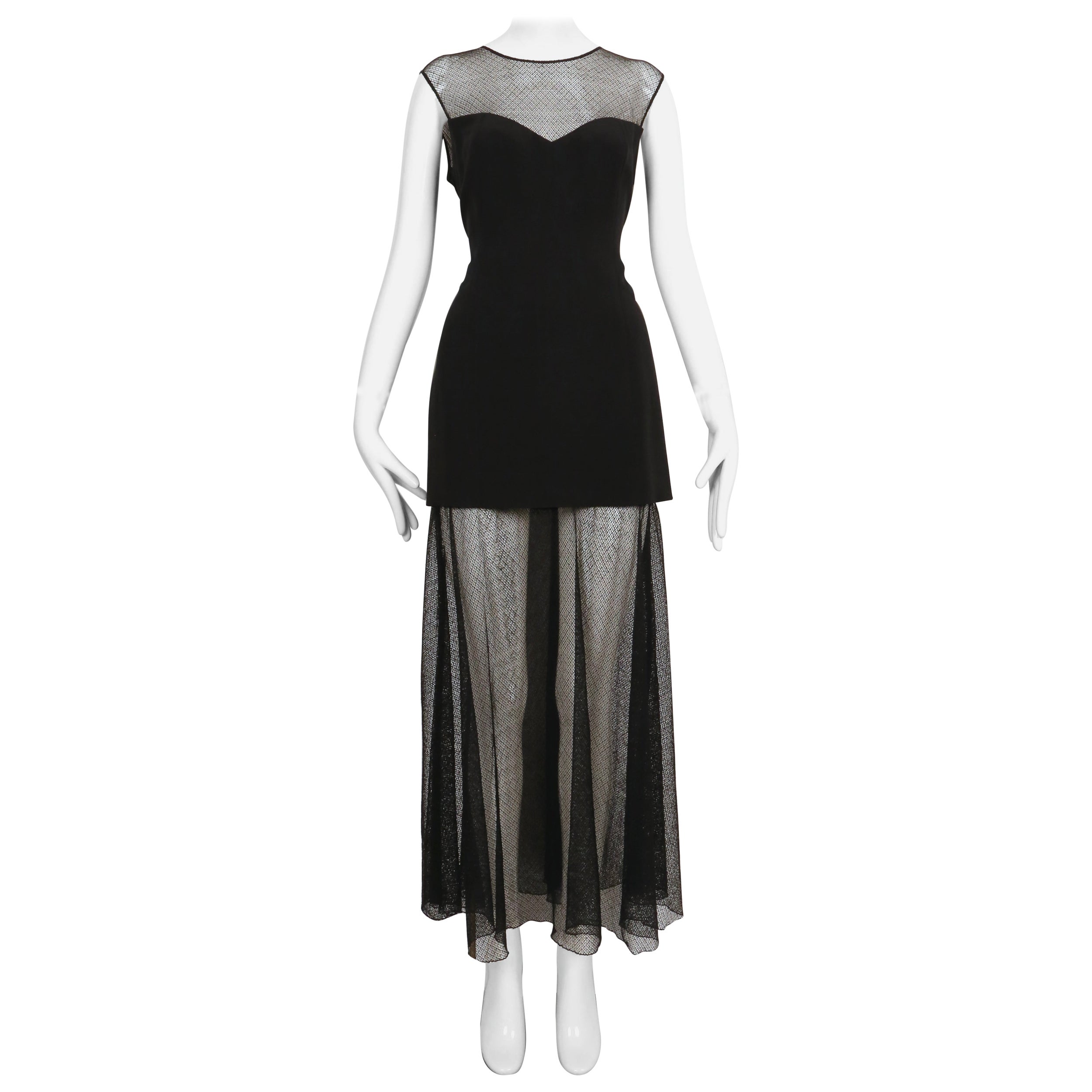1993 KARL LAGERFELD black RUNWAY dress with sheer neckline and hemline For Sale