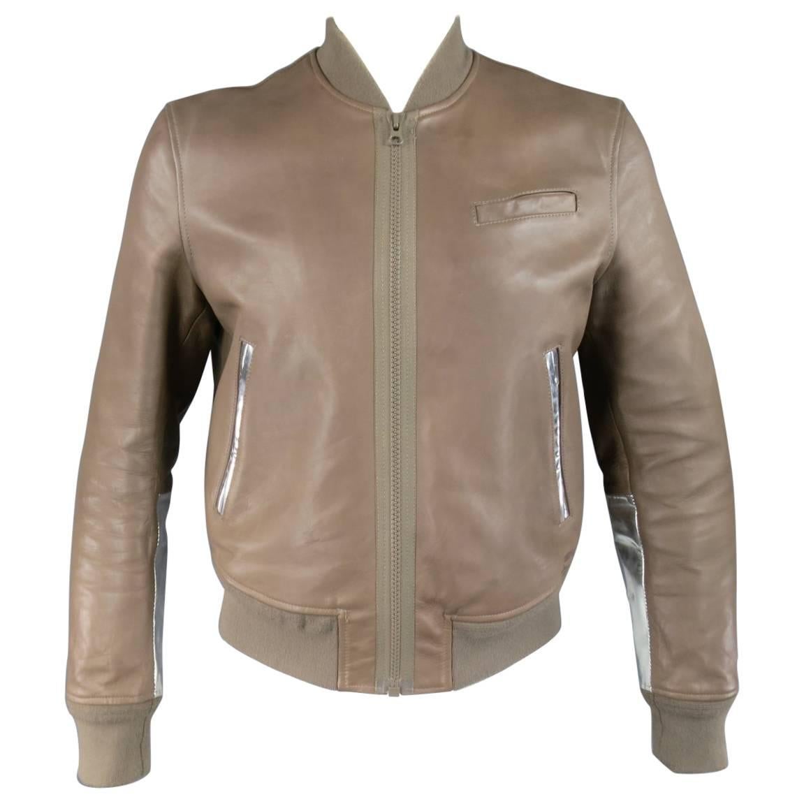 Men's ACNE 42 Taupe & Metallic Silver Leather Bomber Jacket