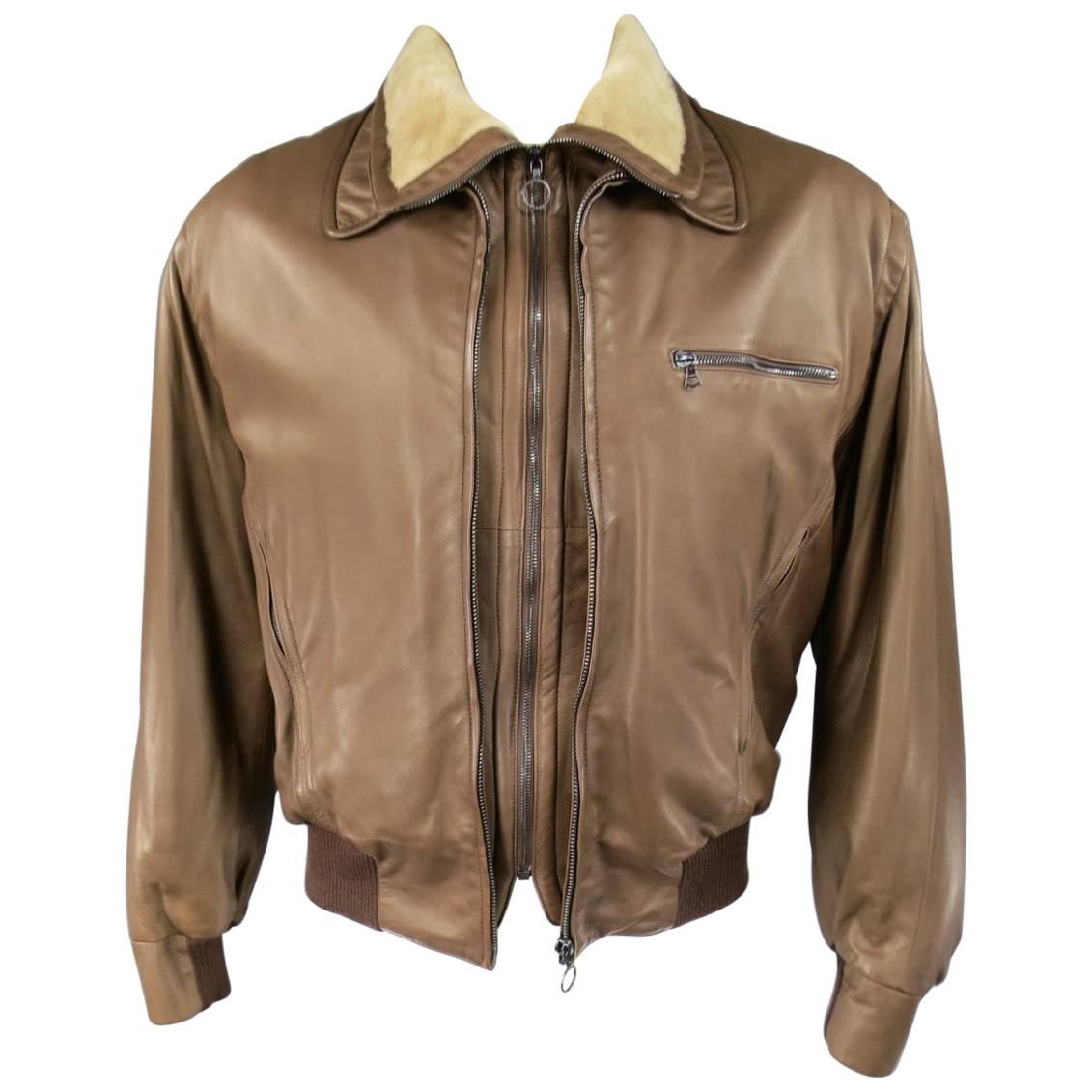 Men's SERAPHIN 40 Light Brown Leather Beige Shearling Collar Bomber Jacket