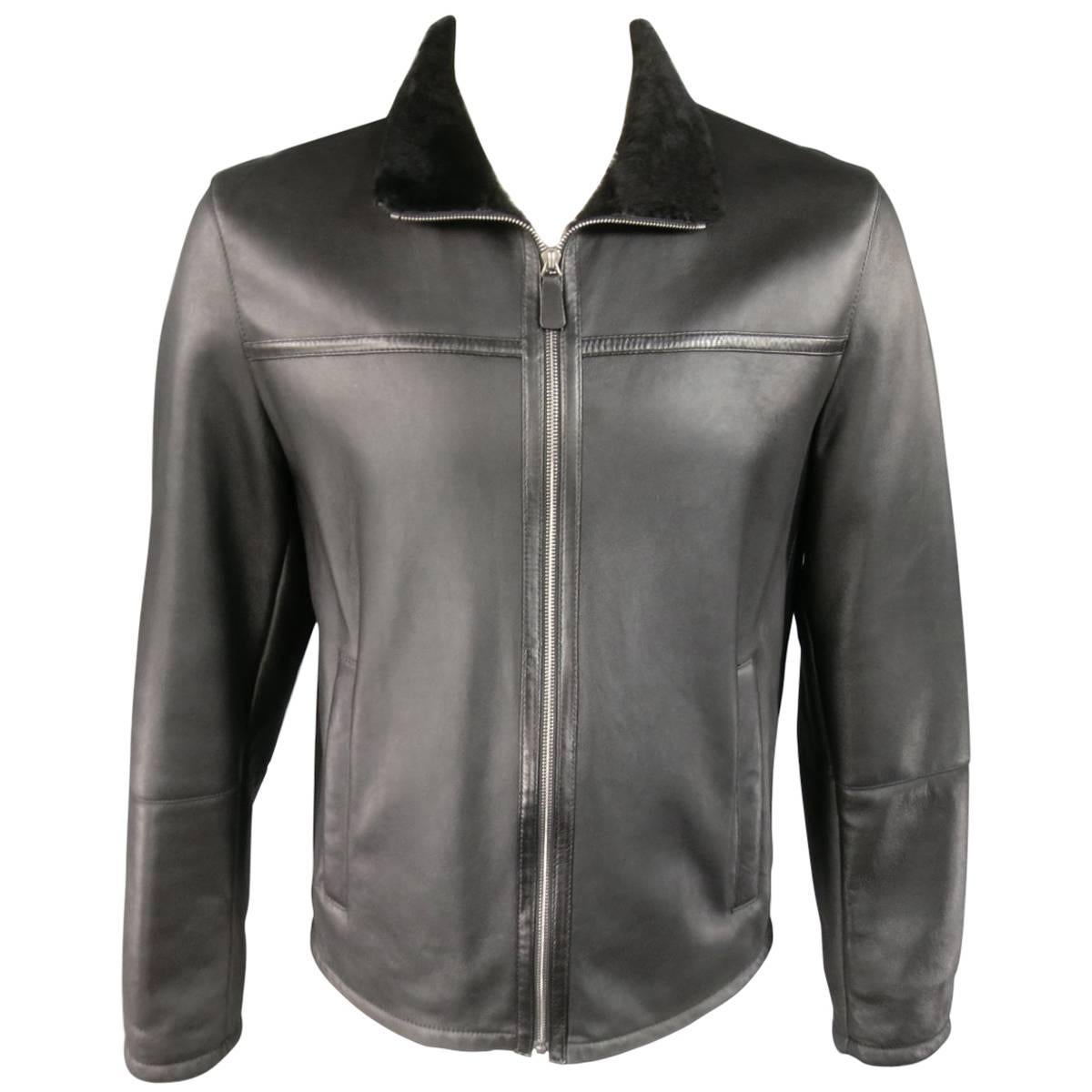 Men's ORME IN PORTOFINO 42 Black Shearling Leather Zip Jacket