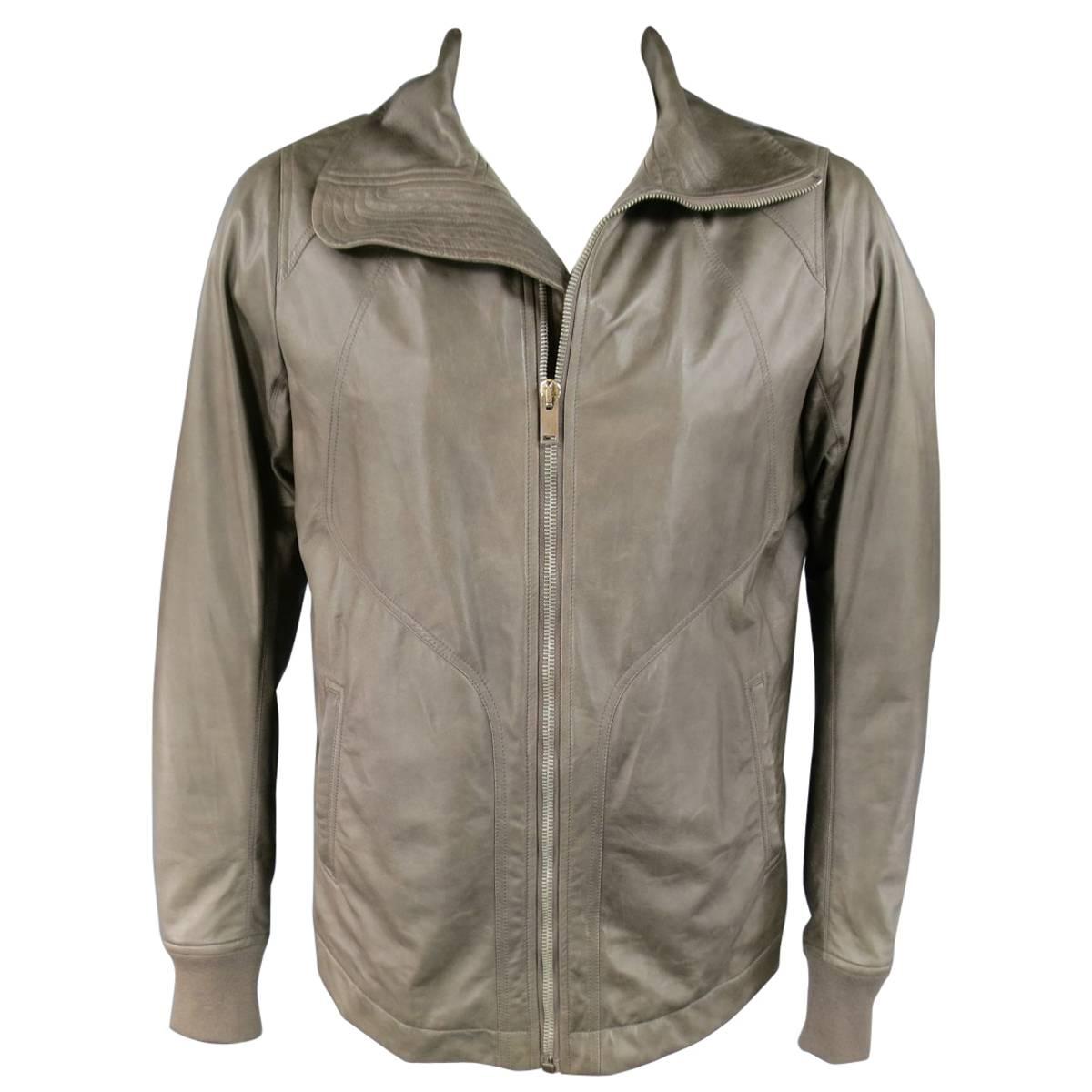 Men's RICK OWENS 46 Muted Taupe Leather Wide Collar Jacket