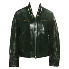 Marni Emerald Green Perforated Leather Floral Embellished Detail Bomber Jacket S