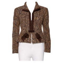 Valentino Brown Boucle Knit & Suede Trimmed Zip Front Jacket L