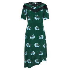 Maje Green Floral Print Lace Trim Satin Asymmetric Midi Dress M