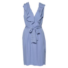 Valentino Blue Silk Ruffled Neck Detail Belted Wrap Midi Dress L