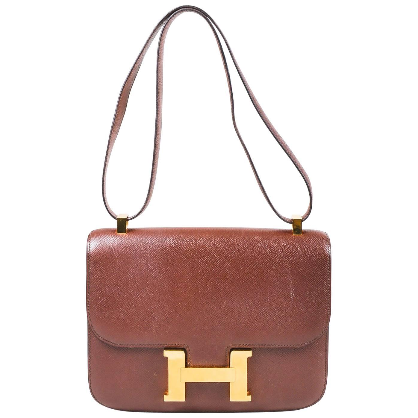 Vintage Hermes Havane Veau Grain Lisse Leather Gold Plated "Constance 23" Bag For Sale