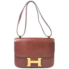 Vintage Hermes Havane Veau Grain Lisse Leather Gold Plated "Constance 23" Bag
